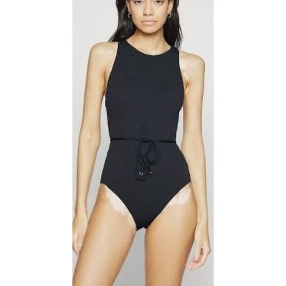 Seafolly Sea Dive Size 16 High Neck Lace Tie Back Black Textured NWT One Piece S - Picture 14 of 14